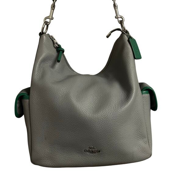 Coach Pennie Shoulder Bag Two Way Gray Pebbled Leather Green Trim AS IS - Picture 1 of 9